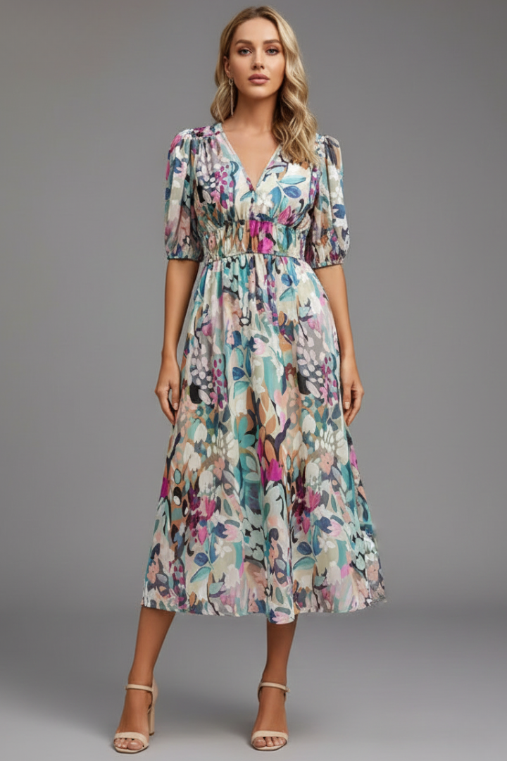 Women’s Midi Dress with Puff Sleeves and Floral Print Floral