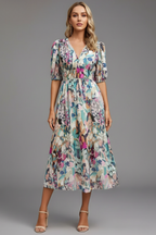 Women’s Midi Dress with Puff Sleeves and Floral Print Floral