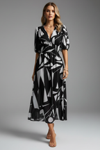 Women’s Midi Dress with Puff Sleeves and Floral Print Black
