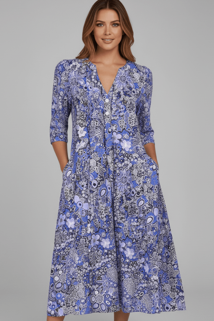 Women’s Midi Dress with V-Neck and Three-Quarter Sleeves Blue
