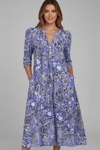 Women’s Midi Dress with V-Neck and Three-Quarter Sleeves Blue