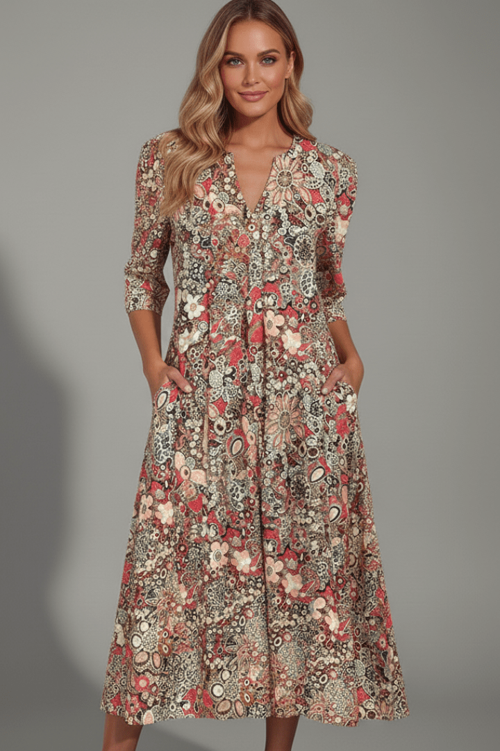 Women’s Midi Dress with V-Neck and Three-Quarter Sleeves Red