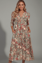 Women’s Midi Dress with V-Neck and Three-Quarter Sleeves Red