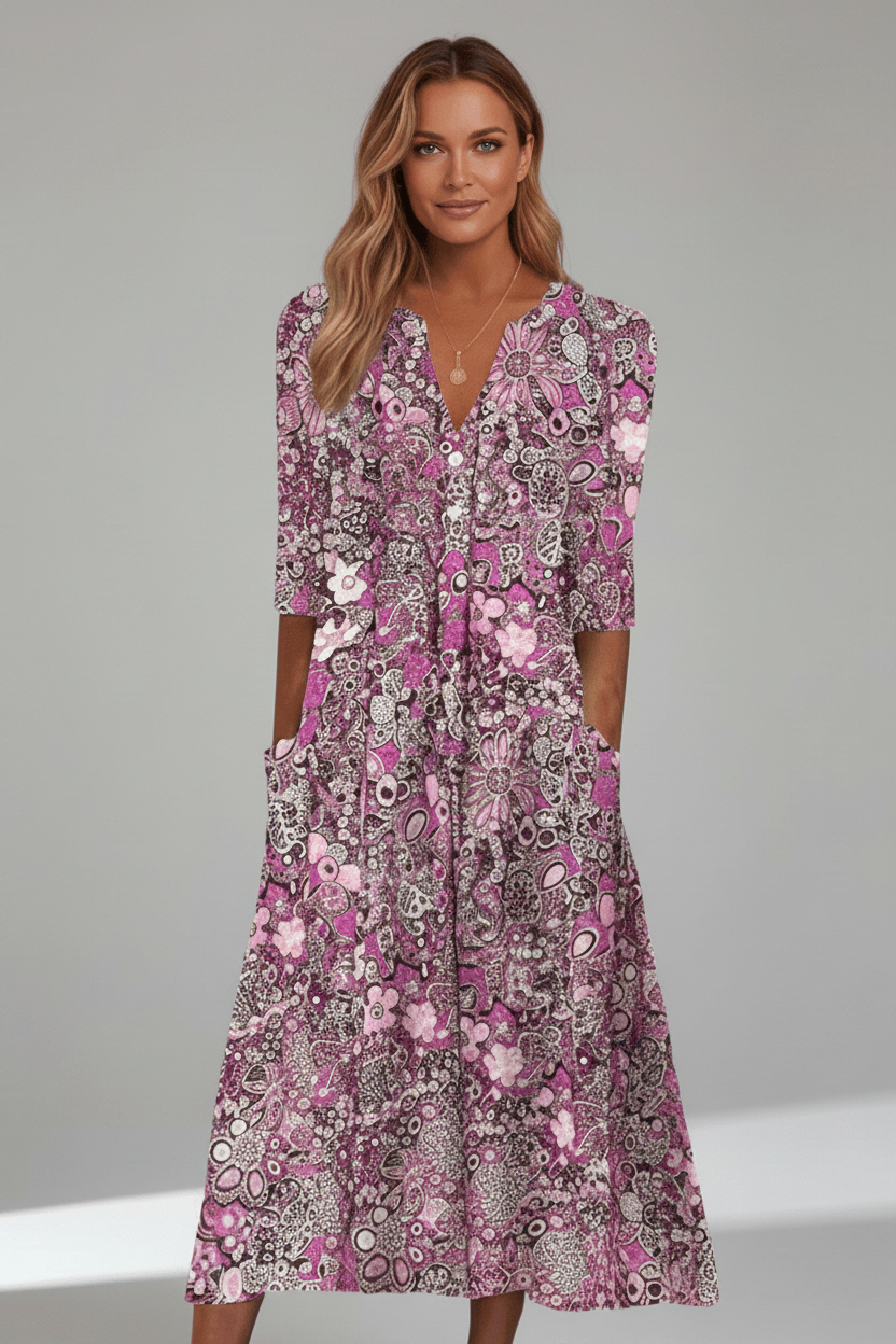 Women’s Midi Dress with V-Neck and Three-Quarter Sleeves Rose Red