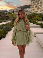 Women’s Mini Dress with Tiered Ruffle Sleeves and Gathered Neckline 0