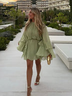Women’s Mini Dress with Tiered Ruffle Sleeves and Gathered Neckline 1