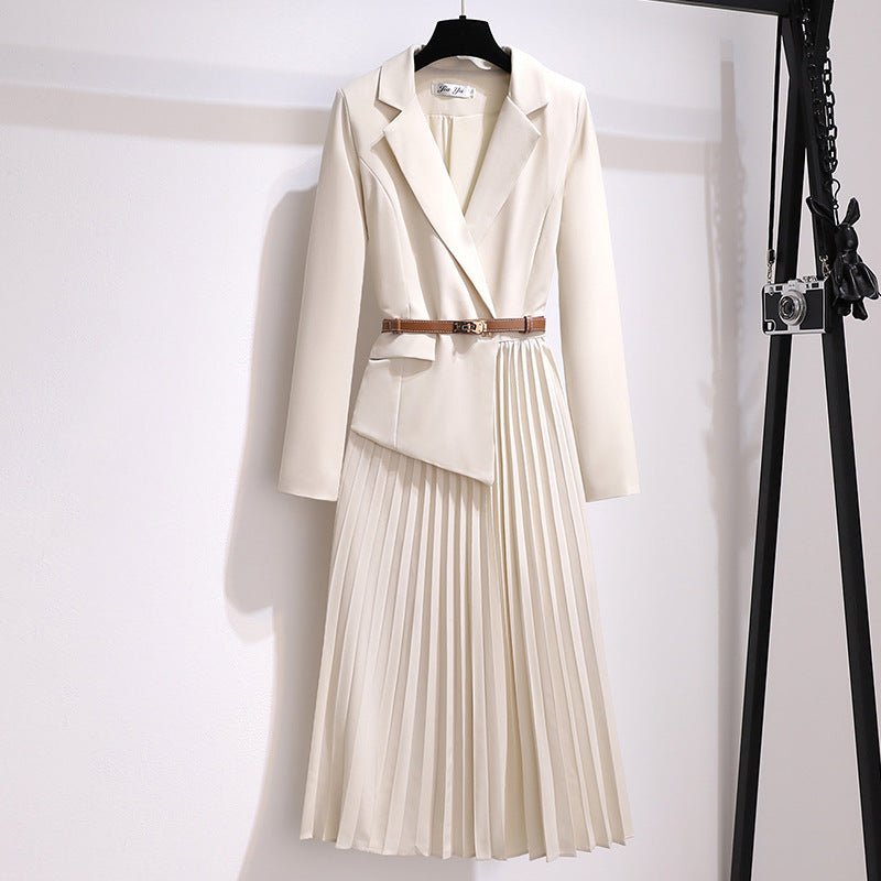 Women's Pleated Blazer Dress – Belted Long Sleeve Formal Midi Beige