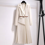 Women's Pleated Blazer Dress – Belted Long Sleeve Formal Midi Beige