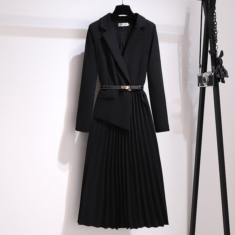 Women's Pleated Blazer Dress – Belted Long Sleeve Formal Midi Black
