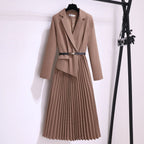 Women's Pleated Blazer Dress – Belted Long Sleeve Formal Midi Brown