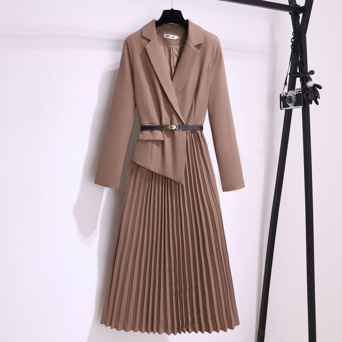 Women's Pleated Blazer Dress – Belted Long Sleeve Formal Midi Brown