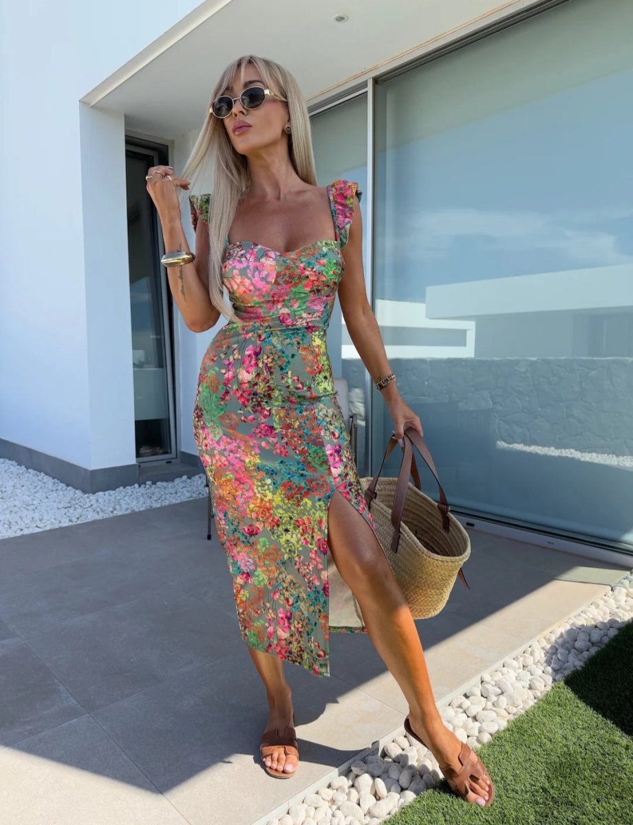 Women’s Printed Sweetheart Midi Dress with Ruffle Straps and Side Slit 0