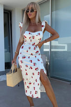 Women’s Printed Sweetheart Midi Dress with Ruffle Straps and Side Slit 2