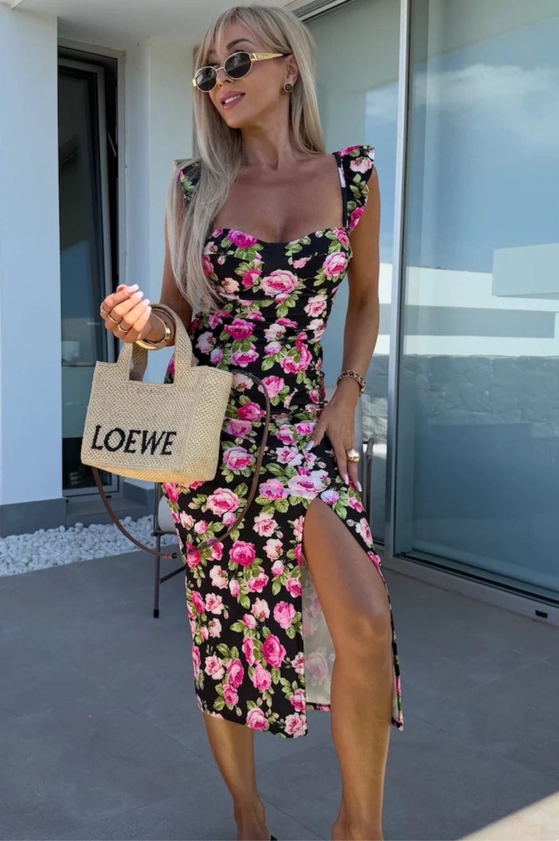 Women’s Printed Sweetheart Midi Dress with Ruffle Straps and Side Slit 4