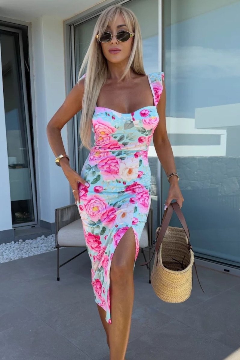 Women’s Printed Sweetheart Midi Dress with Ruffle Straps and Side Slit 6