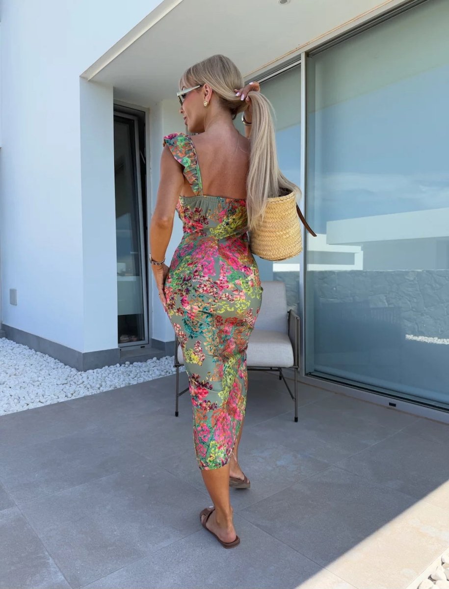 Women’s Printed Sweetheart Midi Dress with Ruffle Straps and Side Slit 7
