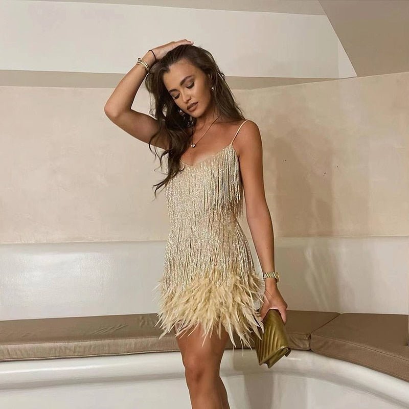 Women’s Sequin Fringe Mini Dress with Feather Hem and Spaghetti Straps 2