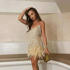 Women’s Sequin Fringe Mini Dress with Feather Hem and Spaghetti Straps 2