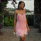 Women’s Sequin Fringe Mini Dress with Feather Hem and Spaghetti Straps 3