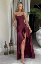 Women's Sleeveless Wedding Guest Dress with Hight Slit and Diagonal Hemline 0