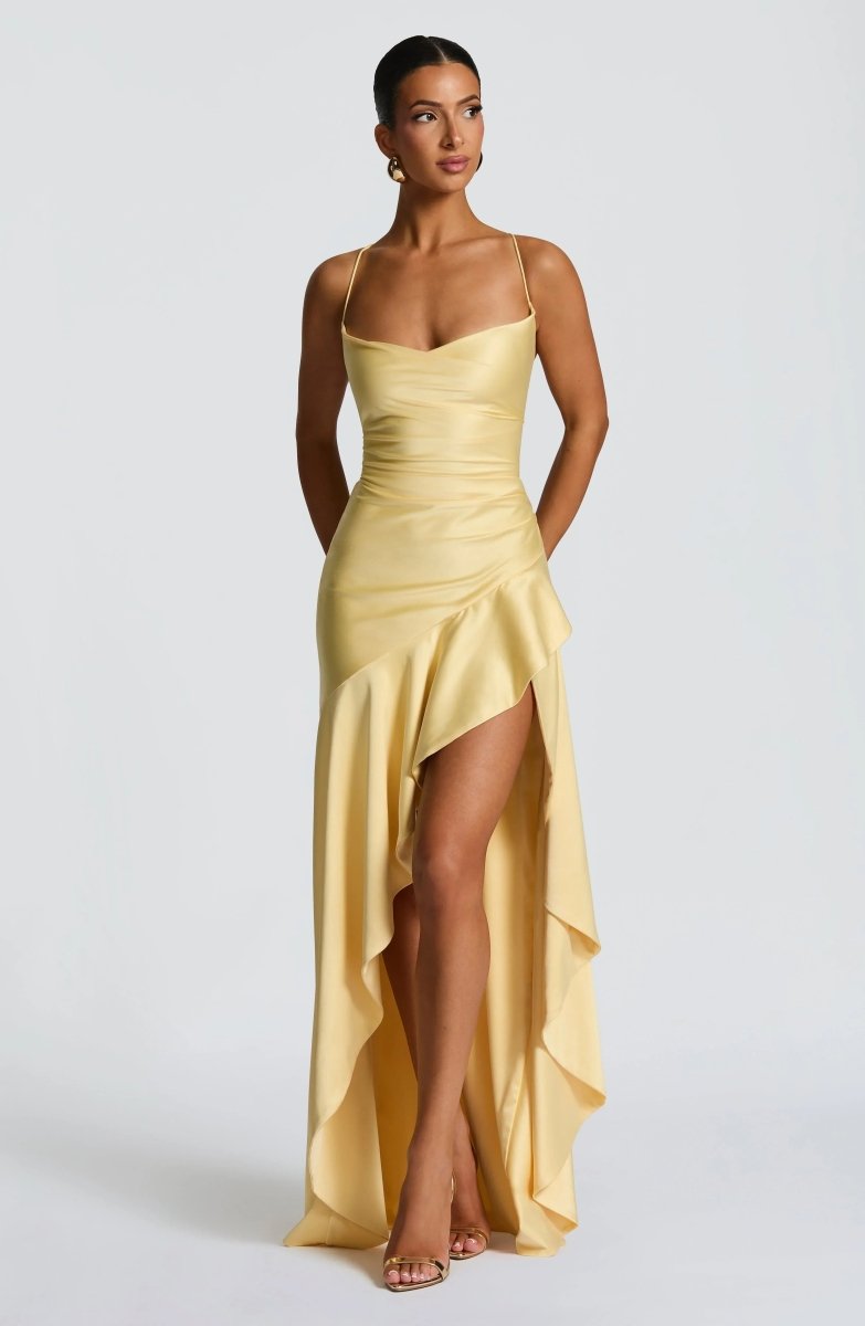 Women's Sleeveless Wedding Guest Dress with Hight Slit and Diagonal Hemline 4