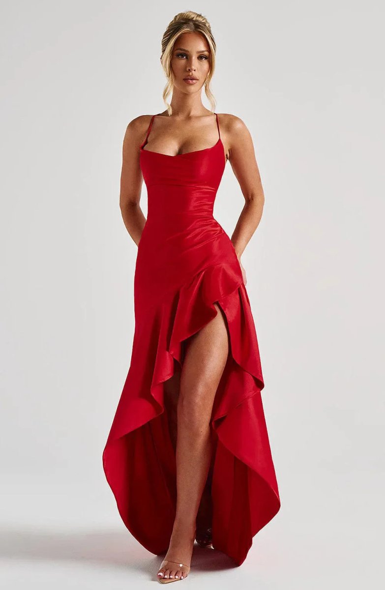 Women's Sleeveless Wedding Guest Dress with Hight Slit and Diagonal Hemline 5