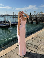 Women's Sleeveless Wedding Guest Dress with Scarf and Square Neckline 1