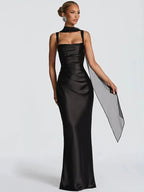 Women's Sleeveless Wedding Guest Dress with Scarf and Square Neckline 2