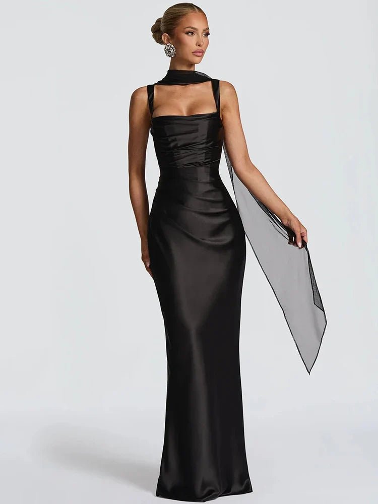 Women's Sleeveless Wedding Guest Dress with Scarf and Square Neckline 2