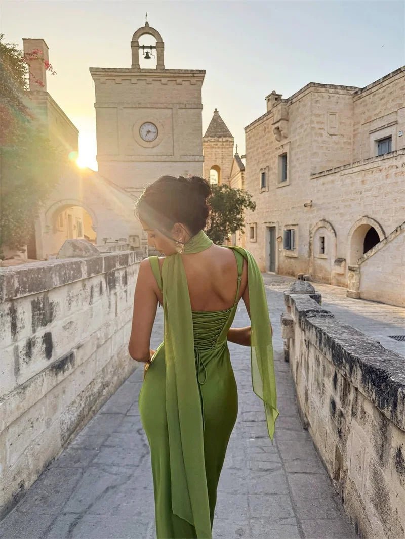 Women's Sleeveless Wedding Guest Dress with Scarf and Square Neckline 8