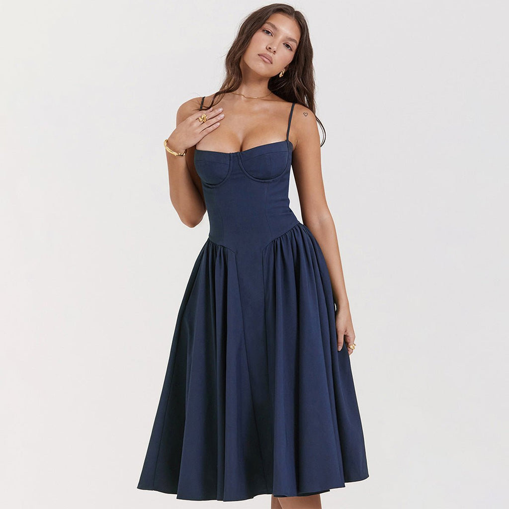 Women’s Sweetheart Neck Midi Dress with Gathered Skirt and Pockets 2