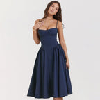 Women’s Sweetheart Neck Midi Dress with Gathered Skirt and Pockets 2