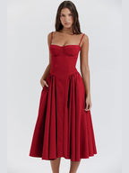 Women’s Sweetheart Neck Midi Dress with Gathered Skirt and Pockets 3