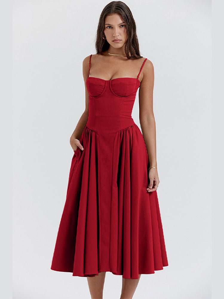 Women’s Sweetheart Neck Midi Dress with Gathered Skirt and Pockets 3