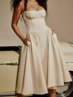 Women’s Sweetheart Neck Midi Dress with Gathered Skirt and Pockets 4