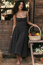 Women’s Sweetheart Neck Midi Dress with Gathered Skirt and Pockets 5