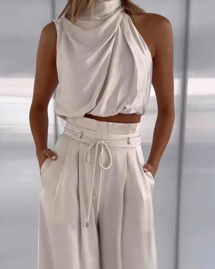 Women’s Two-Piece Set with Draped Halter Top and High Waist Pants 0