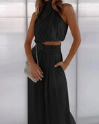 Women’s Two-Piece Set with Draped Halter Top and High Waist Pants 1