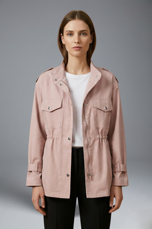Aura | Women’s Utility Jacket – Double Breasted Closure & Cinched Waist Belt Pink