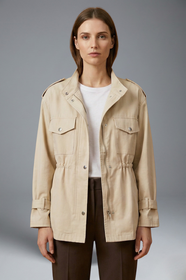 Aura | Women’s Utility Jacket – Double Breasted Closure & Cinched Waist Belt Cream