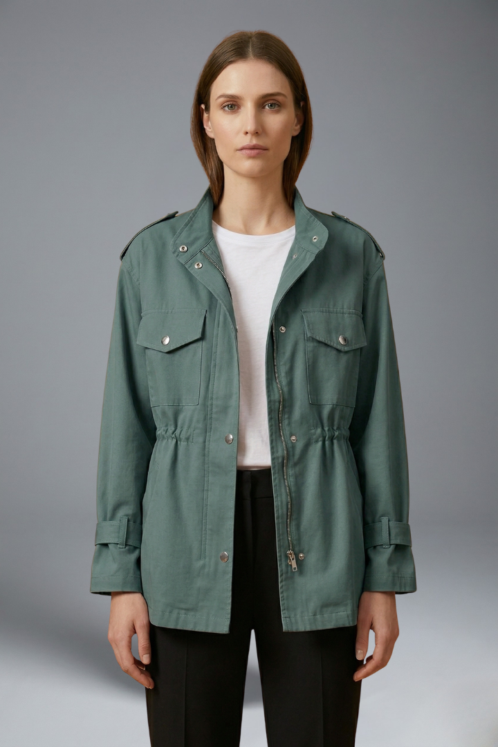 Aura | Women’s Utility Jacket – Double Breasted Closure & Cinched Waist Belt Green