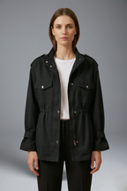 Aura | Women’s Utility Jacket – Double Breasted Closure & Cinched Waist Belt Black