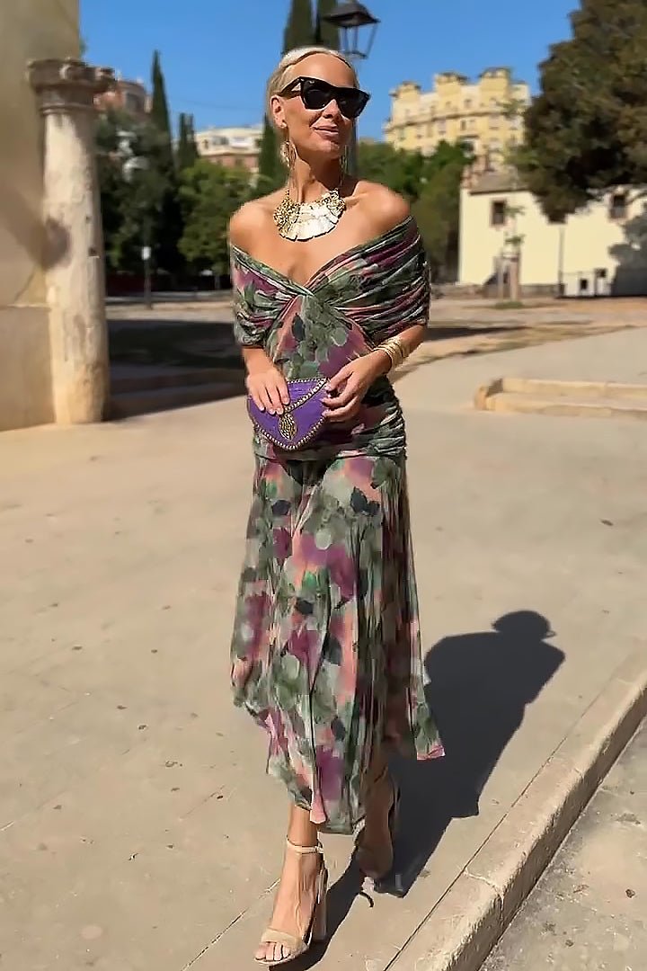 Women's V-Neck Wedding Guest Dress with Short Sleeves and Maxi Length 1