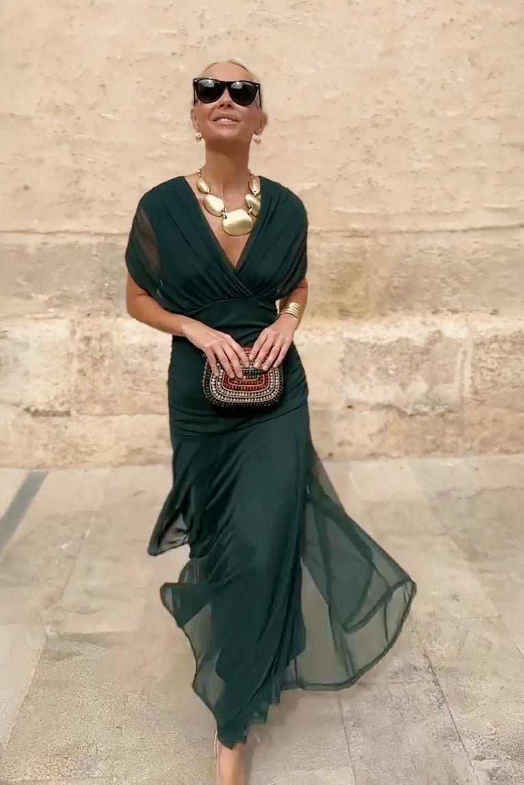 Women's V-Neck Wedding Guest Dress with Short Sleeves and Maxi Length 6