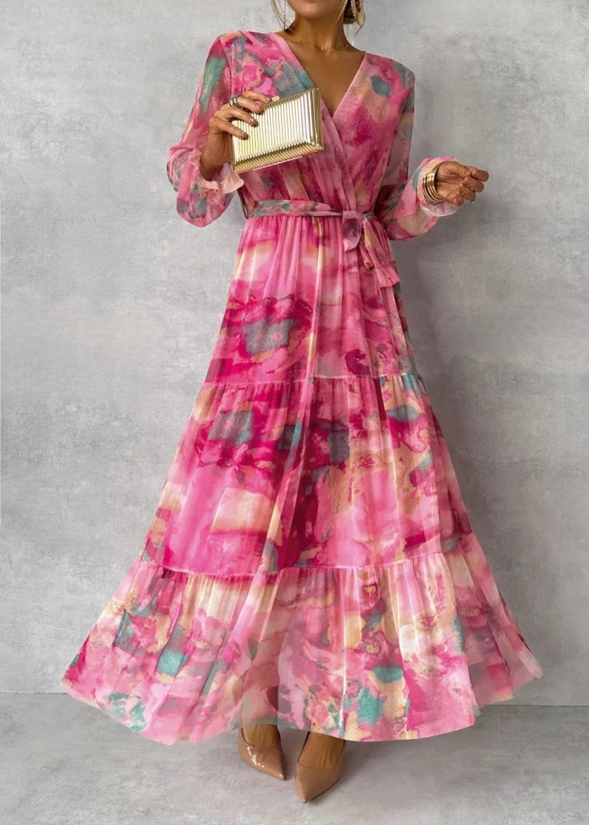 Women’s V-Neck Wrap Maxi Dress with Waist Tie and Long Sleeves 0