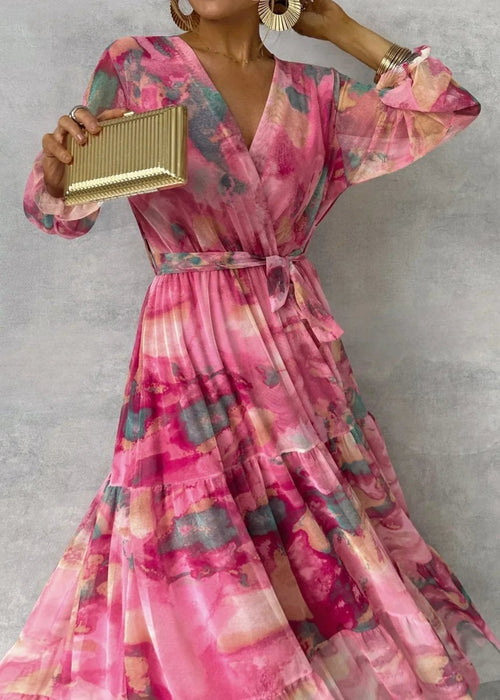 Women’s V-Neck Wrap Maxi Dress with Waist Tie and Long Sleeves 1