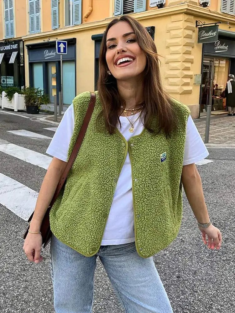 Women's V-neck Fleece Vest with Buttons and Pockets | Warm green