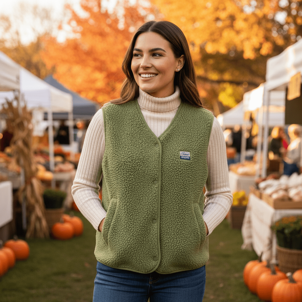 Women's V-neck Fleece Vest with Buttons and Pockets | Warm
