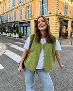 Women's V-neck Fleece Vest with Buttons and Pockets | Warm