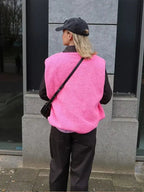Women's V-neck Fleece Vest with Buttons and Pockets | Warm